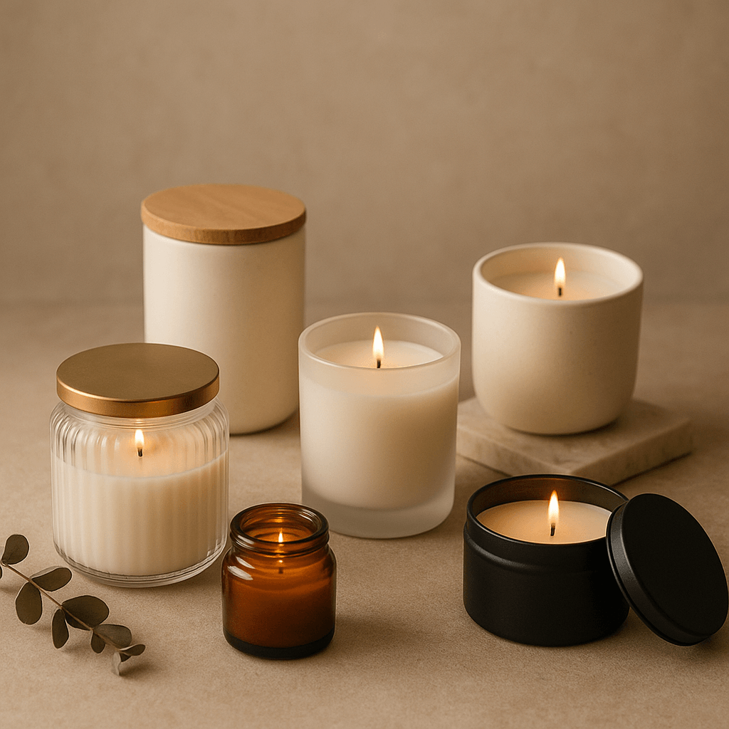 Auswahl verschiedener Duftkerzen und Gefässe